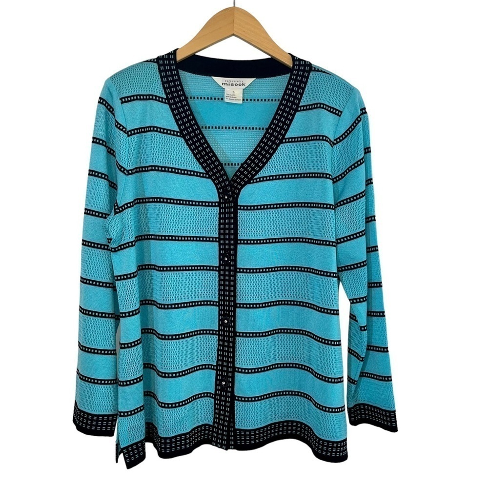 Exclusively Misook Cardigan Sweater Blue Striped Black Trim  Acrylic Sz‎ LG